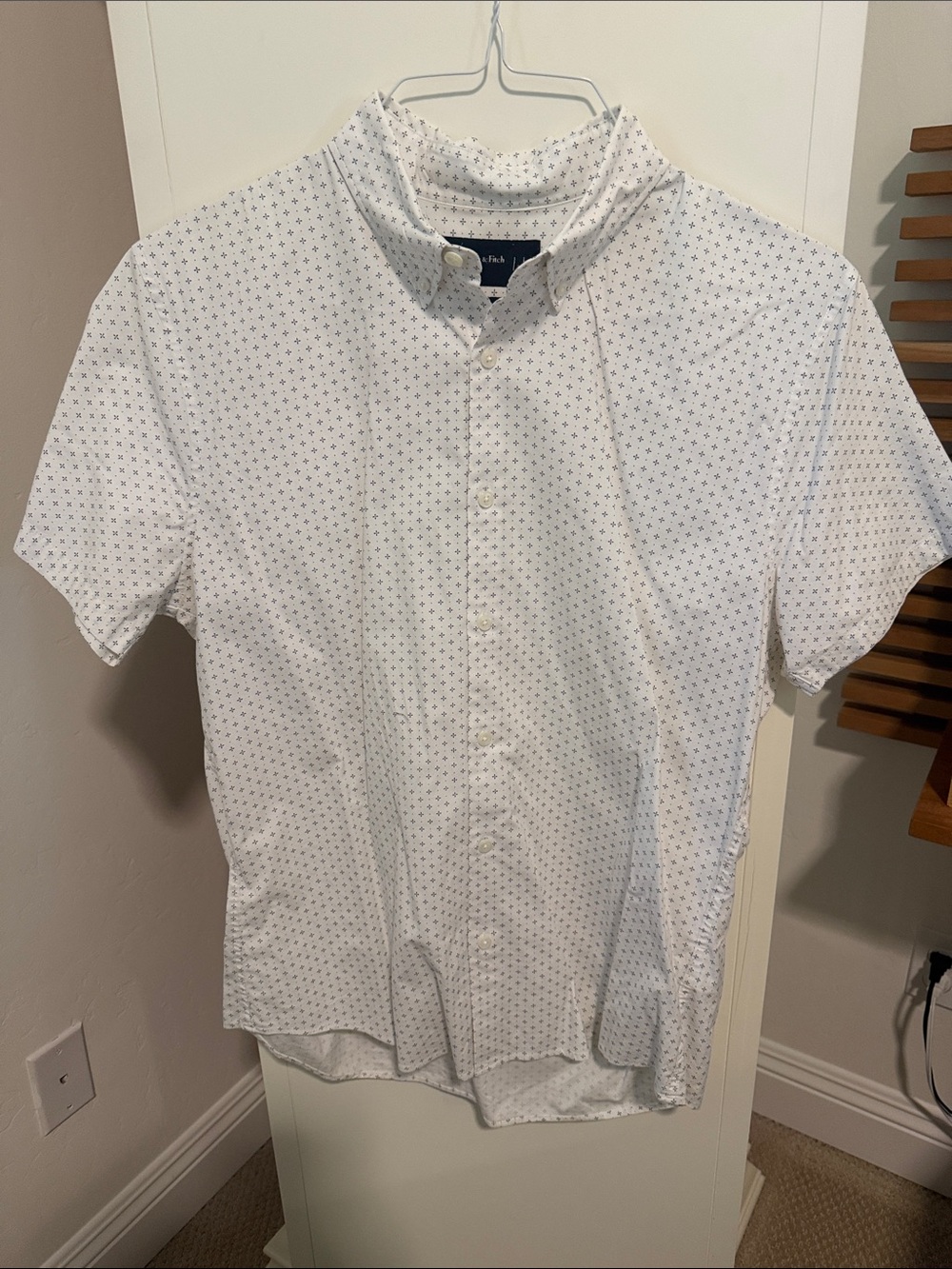 Abercrombie & Fitch White Short-Sleeve Button-Down with Navy Micro Print
